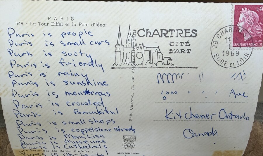 Handwritten 1969 postcard from Paris, postmarked Chartres and addressed to Kitchener, Ontario